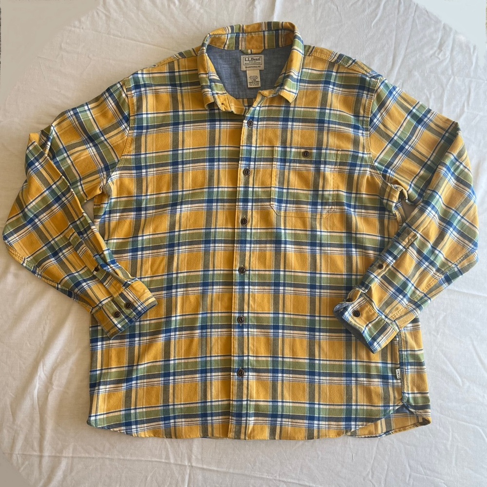 L.L. Bean Yellow and Blue Plaid Flannel Shirt